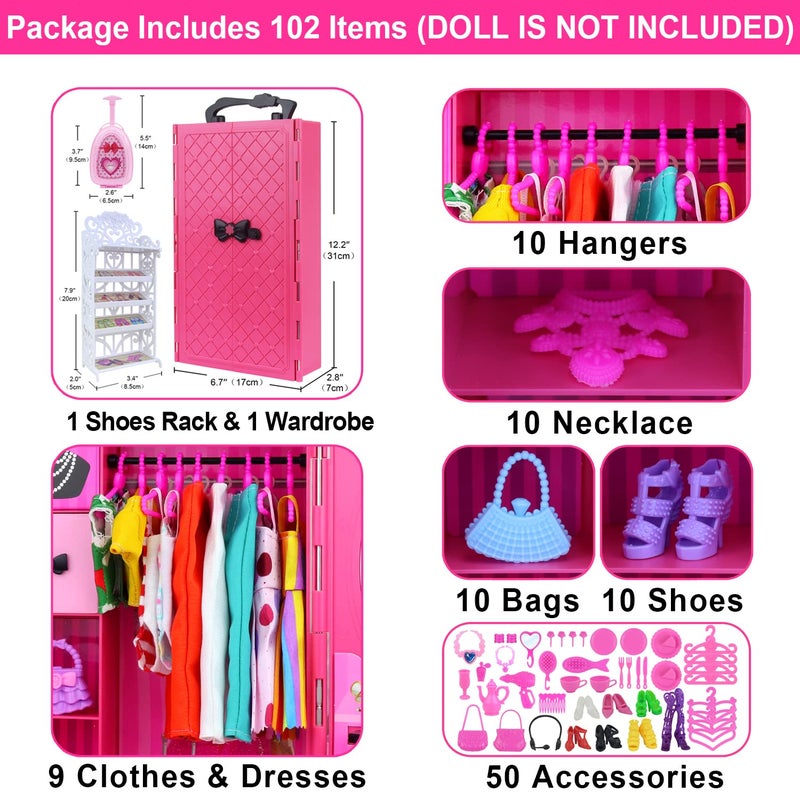 Ecore Fun Fashion Doll Closet Wardrobe for Doll Clothes and Accessories Storage - Lot 102 Items Include Clothes, Dresses, Shoes, Bags, Necklace, Shoes Rack, Hangers for 11.5 Inch Girl Doll Clothes - Image 2